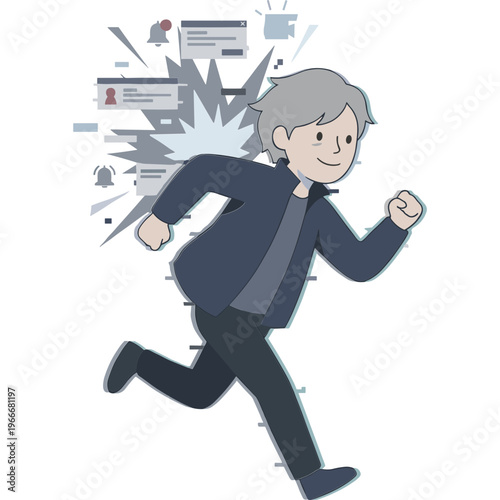 A man runs quickly through a chaotic scene with various digital elements.