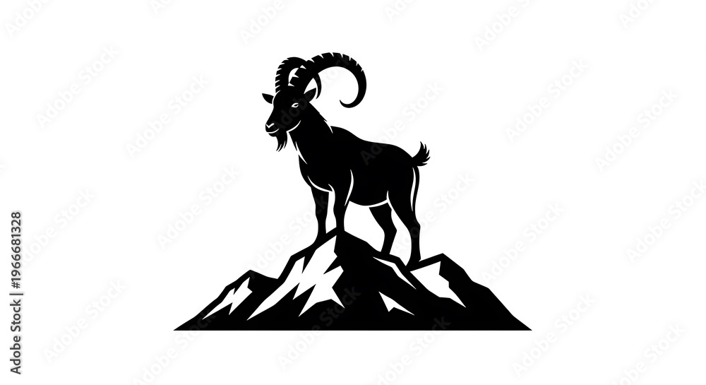 Fototapeta premium Majestic Ibex Standing Proudly atop a Rocky Mountain Peak Silhouette Art Illustration