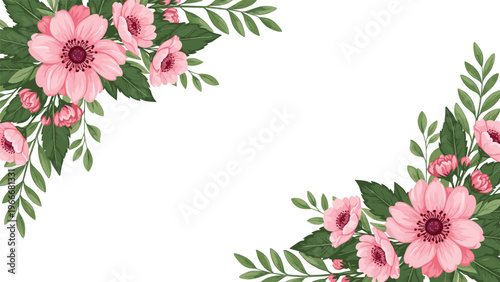 Beautiful floral frame with pink flowers and green leaves arranged in opposite corners of a white background.