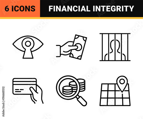 Corruption and Financial Crime Prevention Monoline Icon Set featuring Minimalist Outline Symbols for Legal Ethics and Anti-Bribe Concepts