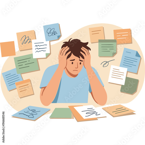 A frustrated man sits surrounded by scattered papers and notes on his desk.