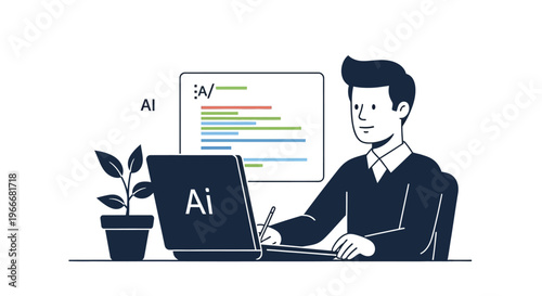 Man working on laptop with artificial intelligence software and a plant nearby in office setting daily