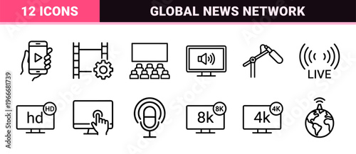 Broadcast Media and Digital Production Monoline Geometric Outline Icons Featuring Satellite Television Radio and Video Streaming Equipment