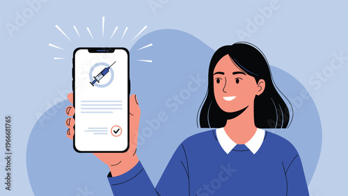 Smiling young woman holding up smartphone with digital vaccination certificate and syringe icon on the screen.