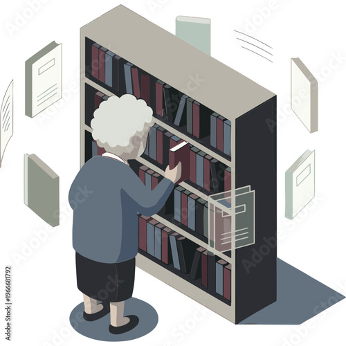 Elderly woman searches through books on a large library bookshelf.
