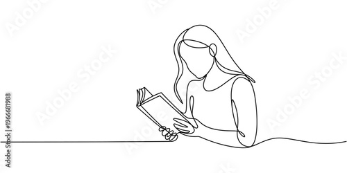 One line woman reading a book. Line Art Girl read book. Creative simple elegant minimalist illustration. one line Icon drawing
