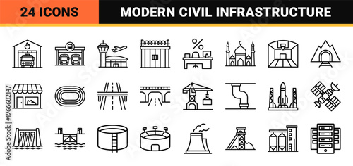 Urban Architecture and Civil Engineering Minimalist Monoline Icons Featuring Government, Industrial, and Public Infrastructure Symbols