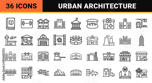 Urban Architecture and Public Infrastructure Minimalist Monoline Line Art Set Featuring Geometric Real Estate and City Building Symbols.
