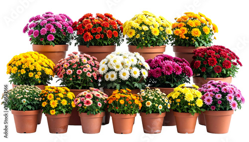 Assortment of vibrant mums in terracotta pots, arranged in a visually appealing tiered display