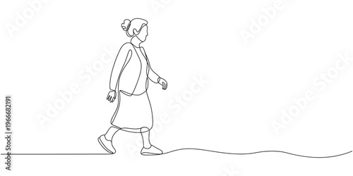 One continuous single drawing line art flat doodle grandmother walking, elderly, pensioner, old, woman. Isolated image hand draw contour on a white background, hand drawn