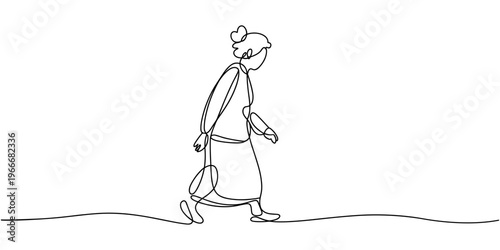 One continuous single drawing line art flat doodle grandmother walking, elderly, pensioner, old, woman. Isolated image hand draw contour on a white background, hand drawn