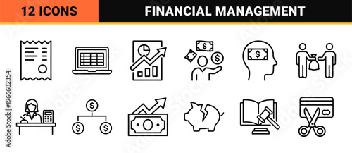 Business Accounting and Financial Management Icon Set in Minimalist Monoline Aesthetic for Professional Banking and Corporate Auditing
