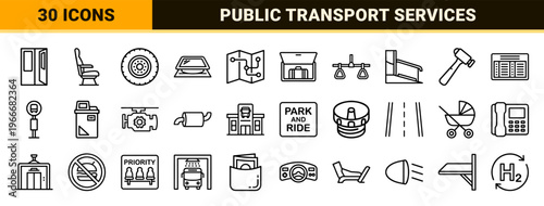 Urban Bus Transit and Public Transportation Outlined Symbols for City Infrastructure Design and Passenger Wayfinding Interface Applications