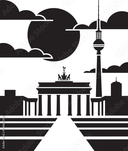 Berlin Cityscape Silhouette With Brandenburg Gate, TV Tower, And Full Moon At Night