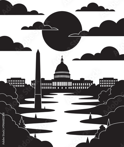 Washington DC Skyline With Monuments And Capitol Building Under A Full Moon