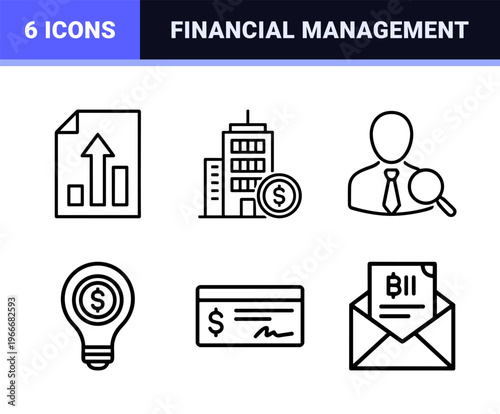 Accounting and Financial Management Linear Icon Set for Business Auditing. Minimalist monoline geometric line art for corporate reporting.
