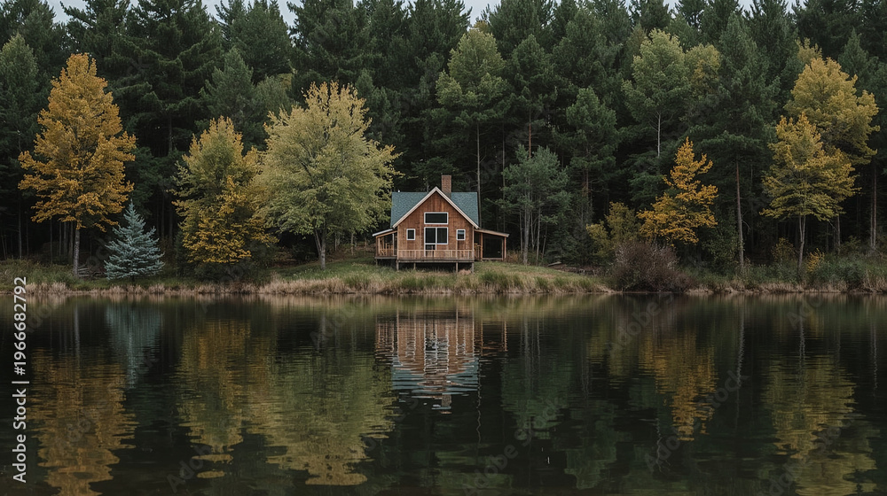 Obraz premium Lakeside cabin with reflection and autumn woods