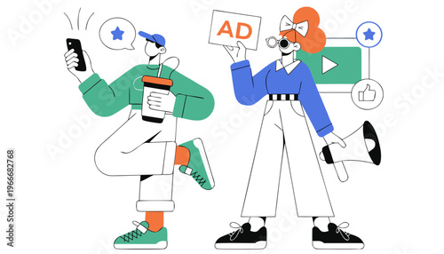 People promoting advertisements and social media engagement in a playful style