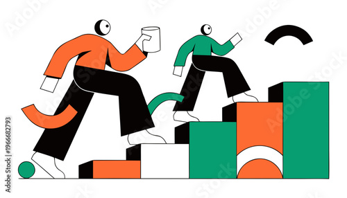 Two figures ascending a colorful geometric staircase towards an unknown destination