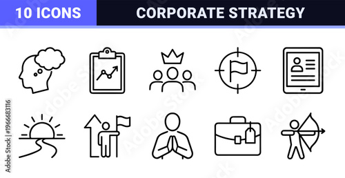 Business Consulting and Corporate Strategy Minimalist Monoline Icon Set for Professional Management, Leadership, and Strategic Planning