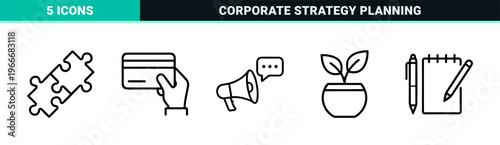 Corporate Strategy and Business Growth Monoline Outline Icons; Minimalist Geometric Line Art for Financial Planning and Analytics.