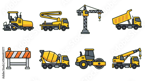 Industrial Heavy Machinery Icons for Building and Infrastructure Projects
