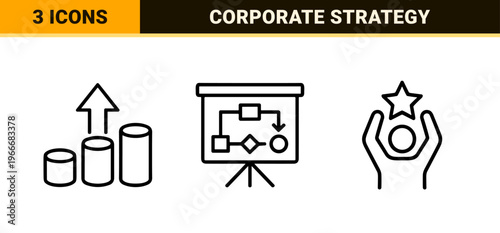 Business Management and Corporate Strategy Line Icons featuring Minimalist Monoline Geometric Symbols for Professional Workflow Design.