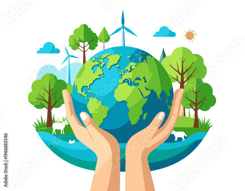 detailed vector illustration of hands holding planet earth with trees, water, and animal