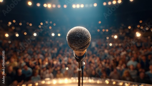Microphone on stage, lit by spotlights, facing a blurred audience