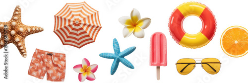 Summer beach and fruit starfish umbrella flowers isolated on a transparent background
