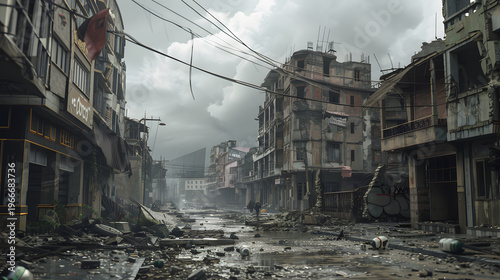 post-apocalyptic city street with destroyed buildings and debris