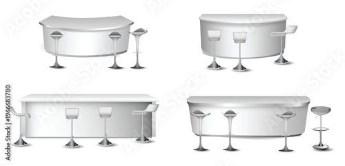 Modern cafe bar counter with bar stools seating set shown from multiple angles, isolated on white background. Contemporary furniture commonly used in coffee shops, bars, restaurants, and hospitality i