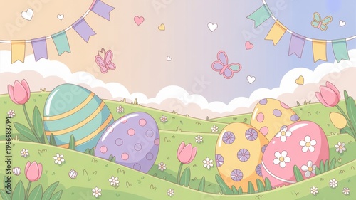 Pastel easter landscape with colorful eggs, tulips, hearts and butterflies, spring holiday concept, banner.