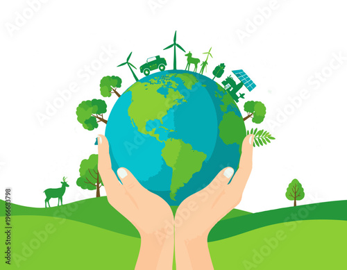 flat vector illustration of hands holding planet earth with trees, water, and animal