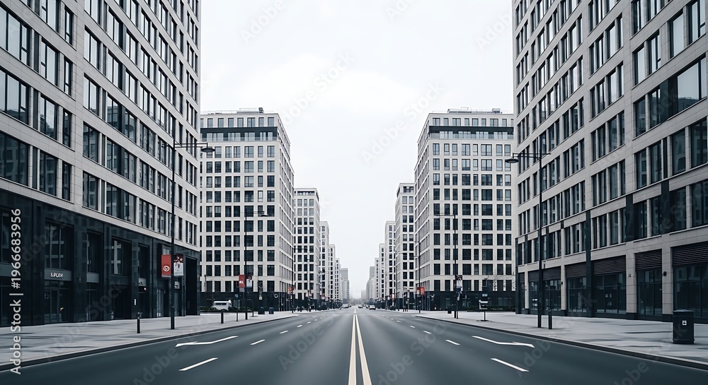 Fototapeta premium A wide perspective of a city street with modern buildings on a cloudy day