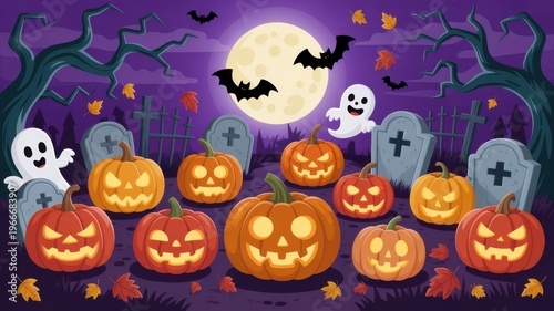 Spooky Halloween scene with pumpkins, ghosts, bats, tombstones, and full moon.