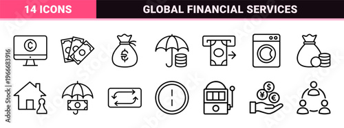 Minimalist monoline geometric line art representing corporate banking and global financial services for modern digital interfaces.