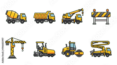 Heavy construction vehicles and equipment icons set for building industry projects
