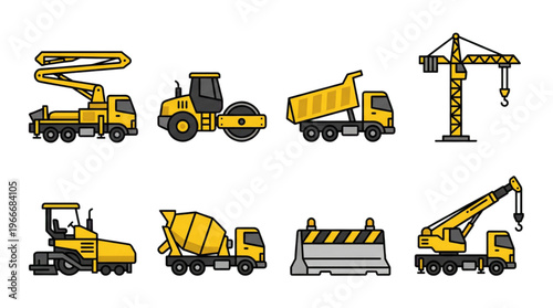 Building Site Equipment Icons Industrial Machinery Vector Illustration Collection