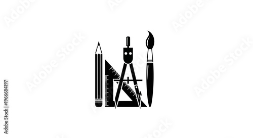 Precision drafting tools including a pencil ruler compass and paintbrush arranged for technical drawing and artistic creation symbolizing education and design development