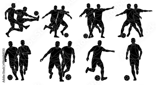 Dynamic silhouettes of soccer players in action kicking running and tackling with footballs showcasing athleticism and competition in a clean graphic style on white background