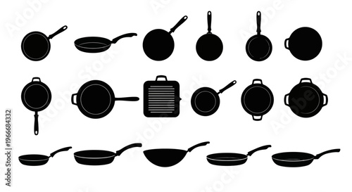 Collection of black silhouettes of various cooking pans and woks isolated on a white background representing kitchenware and culinary tools for food preparation and gastronomy
