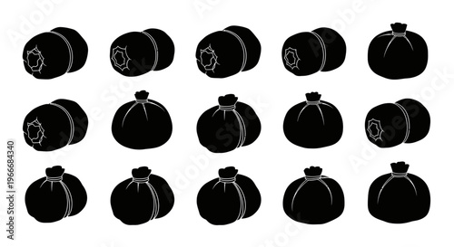 Collection of stylized black silhouette icons representing ripe blueberries and pomegranates in various orientations on a clean white background perfect for food and healthy