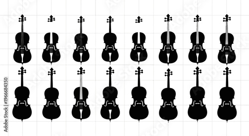 Collection of black silhouettes of violins and cellos arranged in rows against a clean white background representing musical instruments and orchestral performance concepts