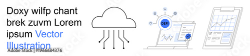 Cloud computing, data security, analytics, network technology, business growth, digital strategy. Cloud icon, laptop with analytics chart clipboard. Cloud computing and data security concept