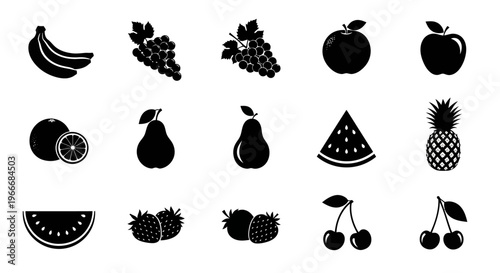 Collection of diverse fresh fruit icons presented in a clean modern silhouette style including bananas grapes apples oranges pears watermelon slices pineapple strawberries