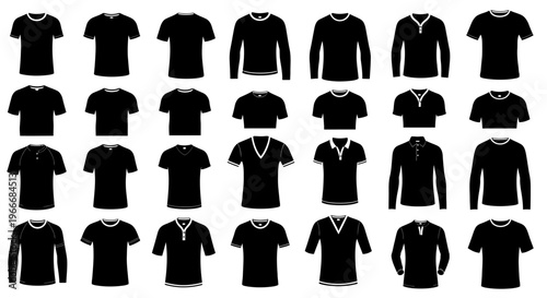 Collection of black t shirts and long sleeve tops displayed in a grid layout showcasing various necklines and sleeve lengths against a clean white background ideal for fashion