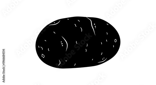 Simple black silhouette of a single potato with white highlights representing eyes and texture isolated on a clean white background symbolizing raw ingredients healthy eating