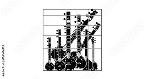 Collection of indian sitar string musical instruments arranged in a grid pattern showcasing variety in size and design evoking cultural heritage and musical tradition
