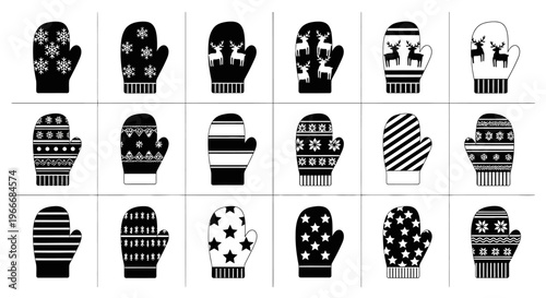 Collection of black and white winter mitten icons with festive patterns including snowflakes reindeer stripes and stars for seasonal design and holiday projects